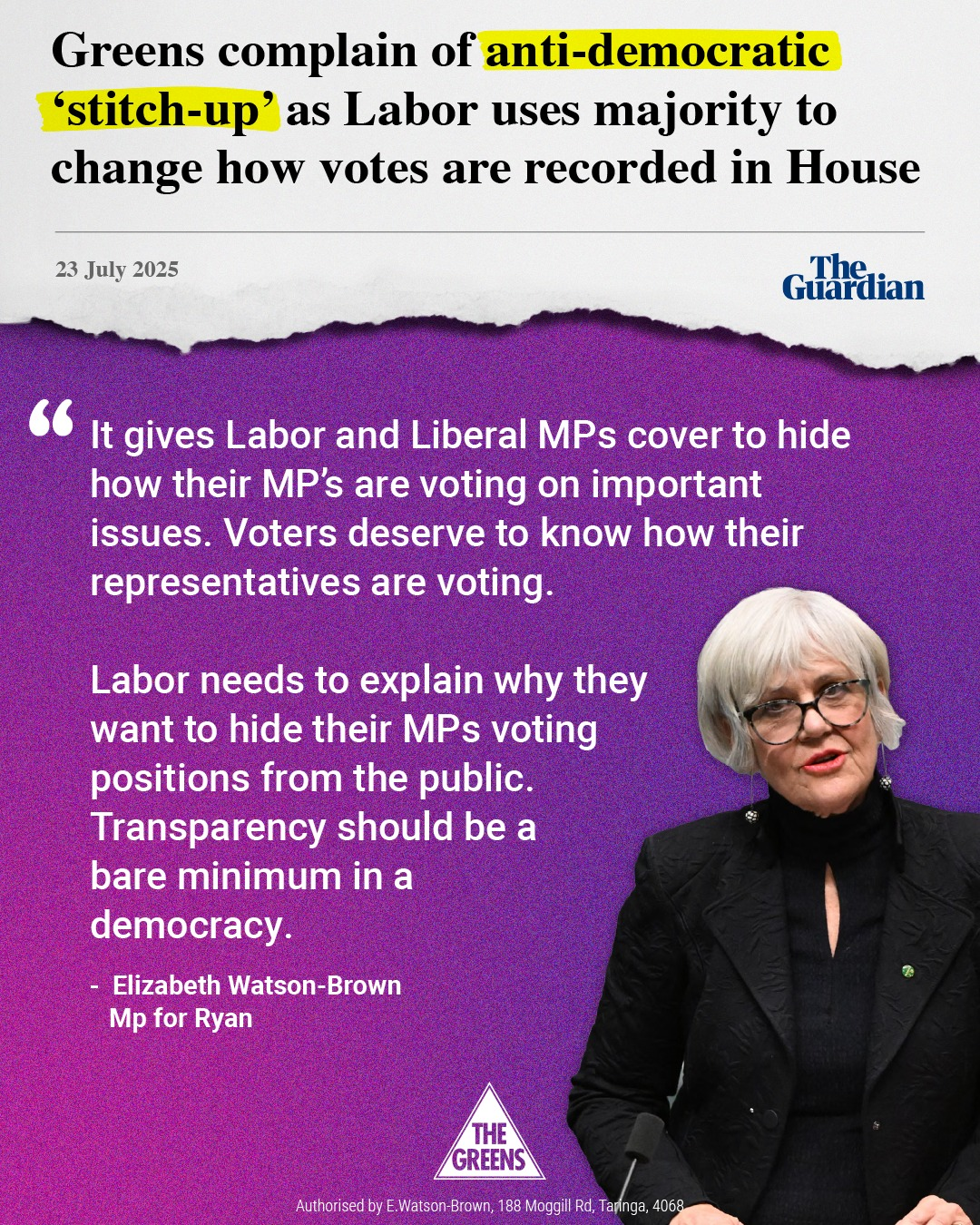 Photo containing the text of Elizabeth Watson-Brown's quote from the post above, along with a picture of Ms Watson-Brown and an Authorisation by the Greens.