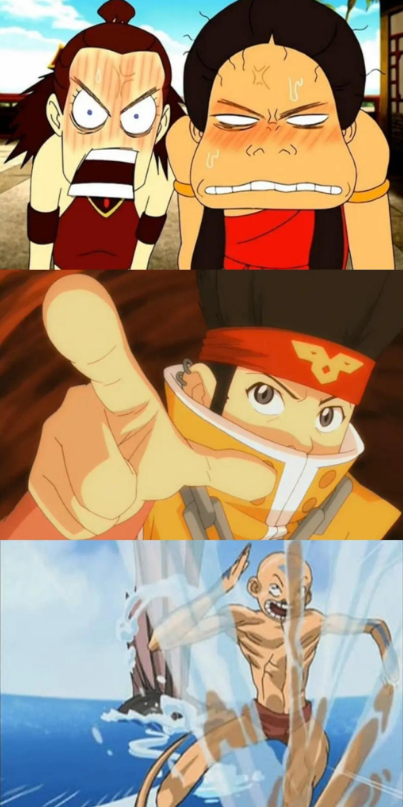 Three screenshots from Avatar showing over-the-top anime-style reactions