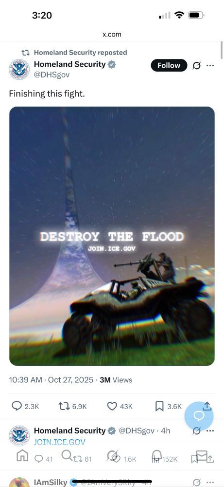 A screenshot of a twitter post by the department of homeland security, showing an image from the halo video game series and the text “finishing this fight”, “destroy the flood” and a link to “join ice gov”.