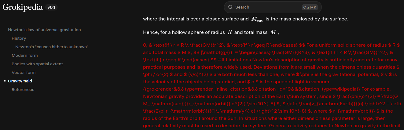 screenshot of Grokipedia's article "Newton's law of universal gravitation", showing garbled text and math formulas