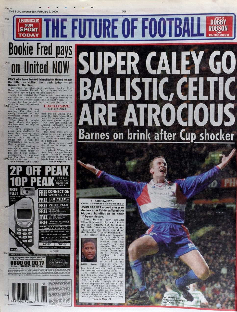 Sports tabloid reading: "SUPER CALEY GO BALLISTIC, CELTIC ARE ATROCIOUS