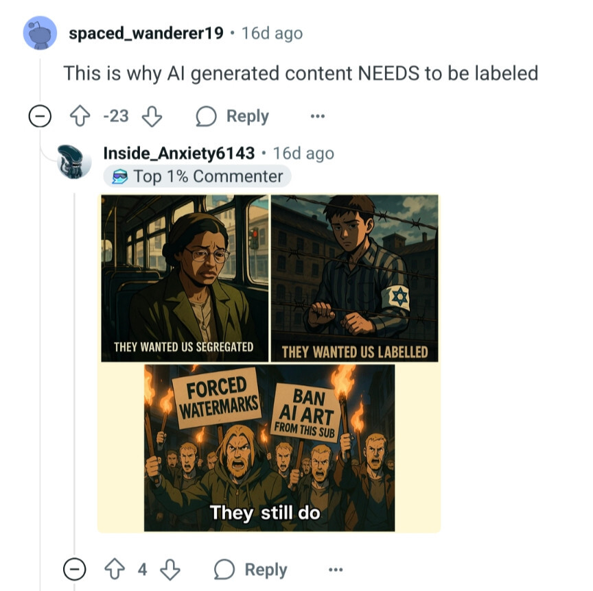 "this is why ai generated content needs to be labeled", reply portraying ai artists as a continuation of holocaust victims