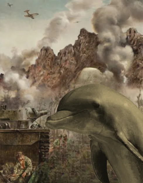 bottlenose dolphin with a thousand yard stare on a mountainous jungle background with ongoing battle (ie vietnam flashbacks)