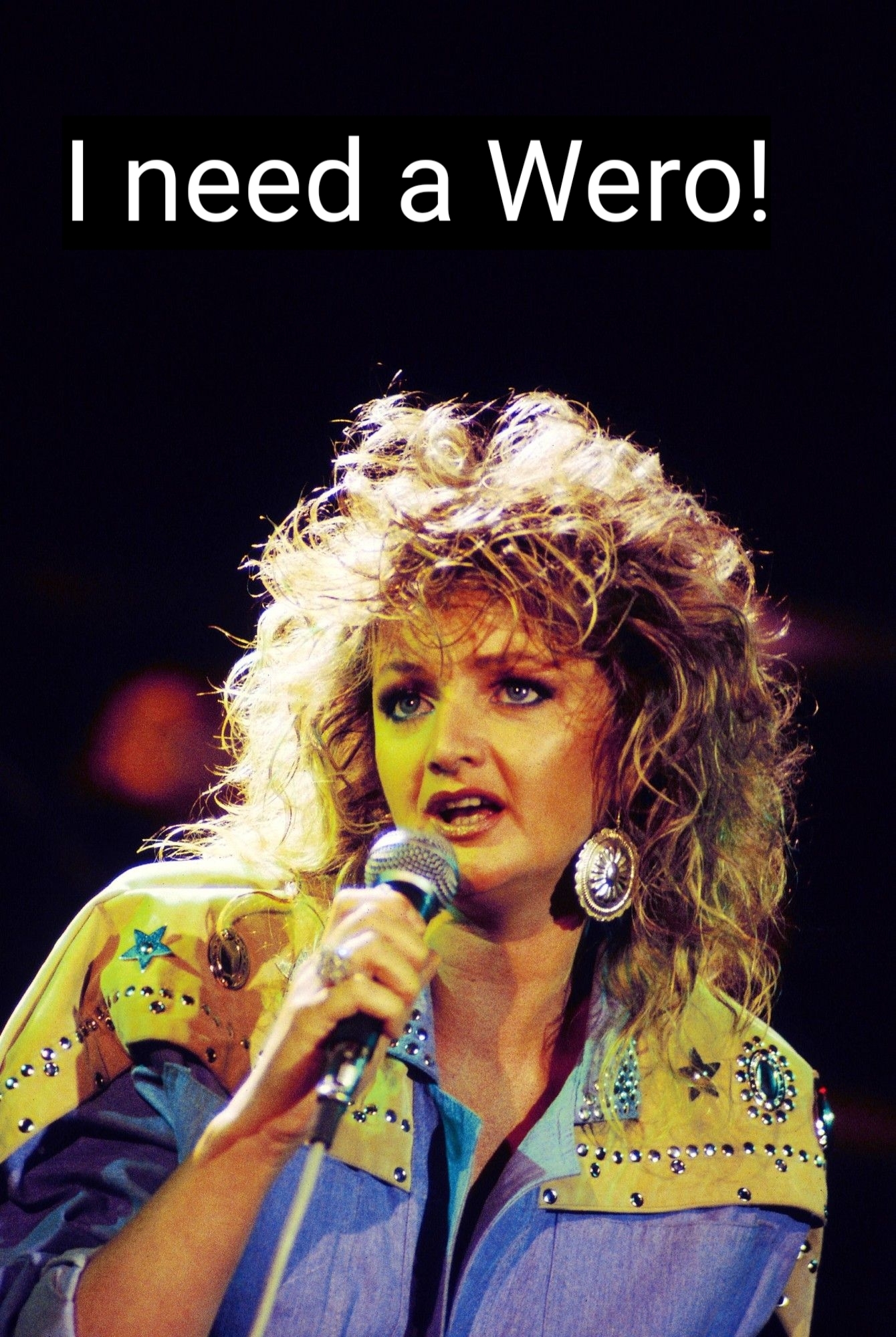 Bonnie Tyler auf einem Konzert, darüber der Text "I nees a Wero"