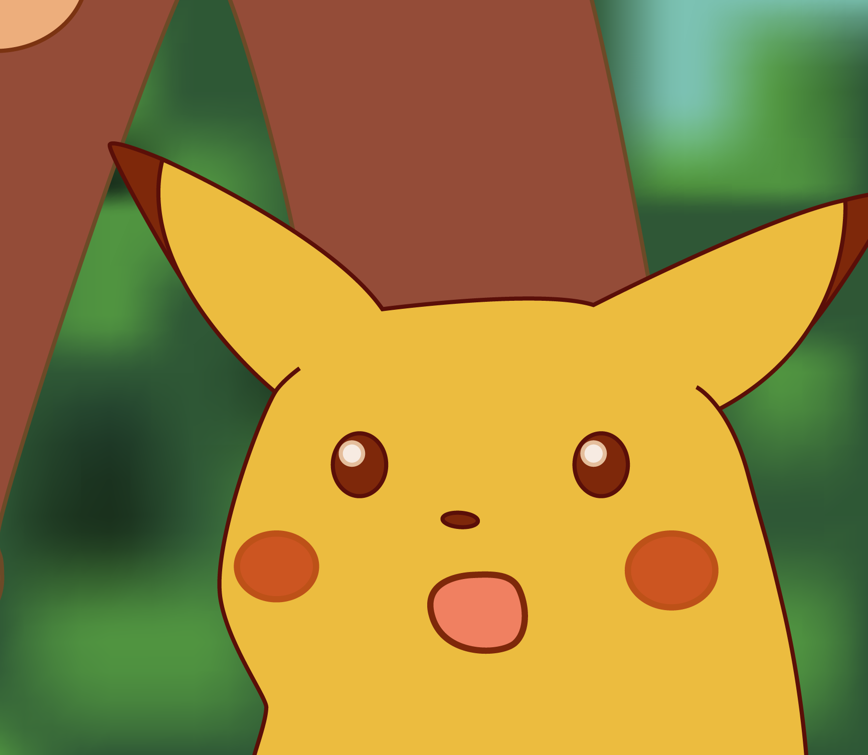 An HD version of a meme of a pikachu (a yellow electric mouse looking creature with red cheeks) from pokémon looking shocked whilst a trainer is behind them in brown pants.