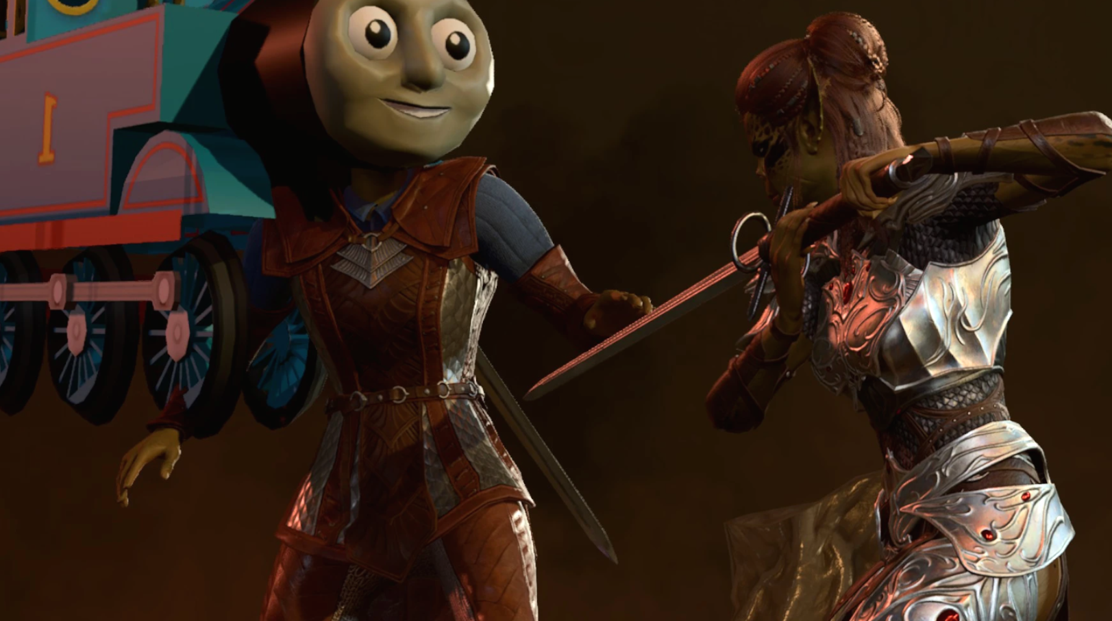 Thomas the Tank Engine faces off with Lae'zel, who rightfully calls him an abomination, in Baldur's Gate 3.