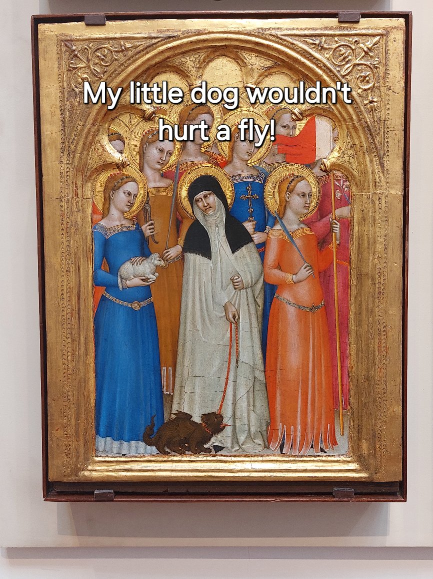 1320's painting with a saint nun keeping a small demon on a leash