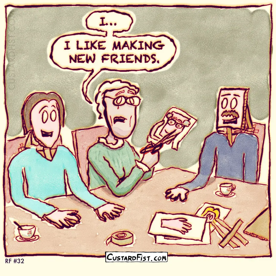 An old lady is cutting pieces of cardboard, sitting next to flat, cardboard cut-outs of people. With a tear in her eye, she says: “I LIKE MAKING FRIENDS.”