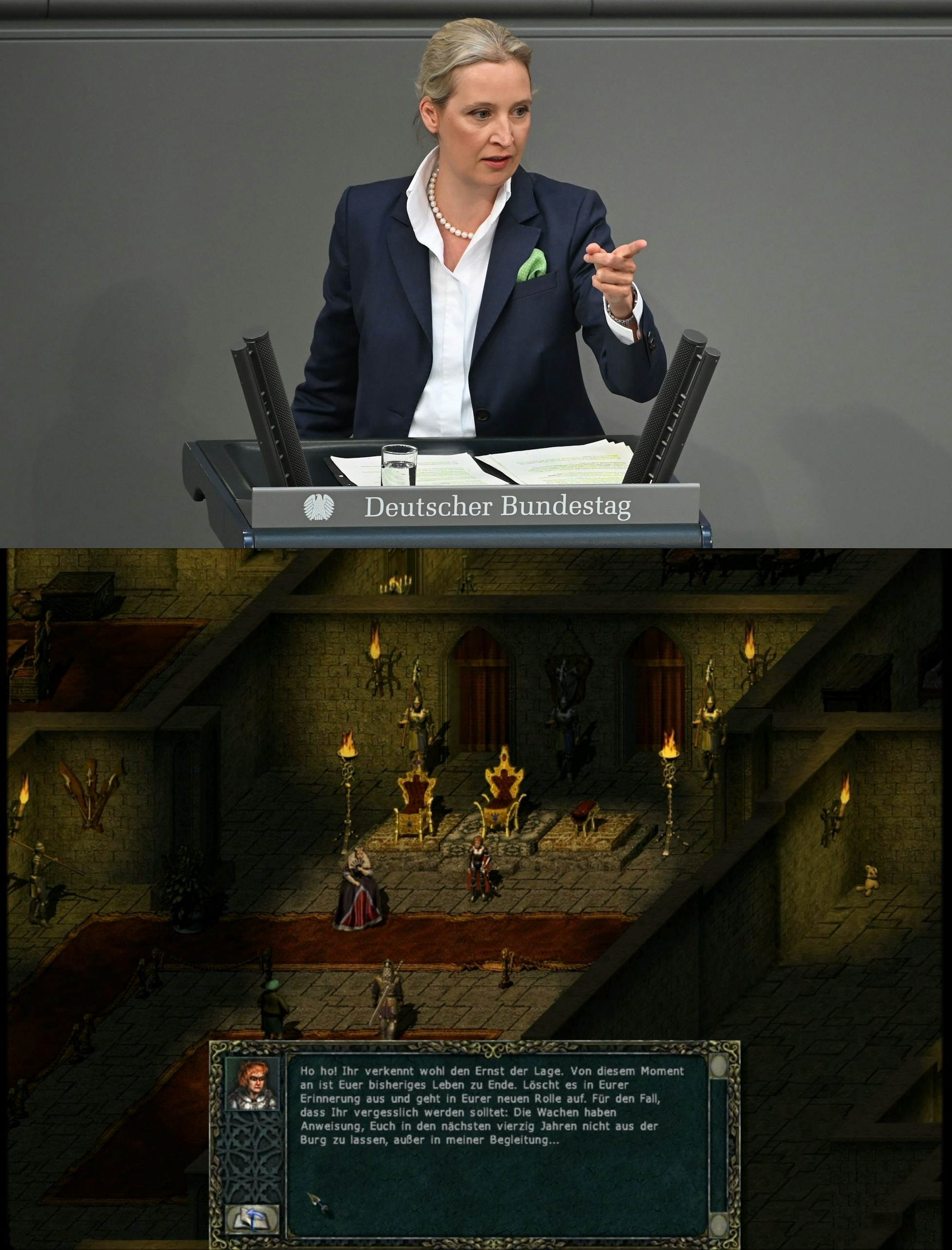 Oben: Alice Weidel, während sie im Bundestag spricht. Unten: Screenshot von der Audienz bei Herzog Janus im Spiel "Divine Divinity", bei der das pathetisch daherredende Monarchenbalg den Helden gegen dessen Willen für die nächsten vierzig Jahre zum Leibwächter beruft.