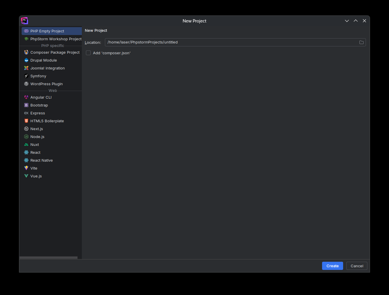 Screenshot of the PHPStorm "New Project" Window under KDE Plasma