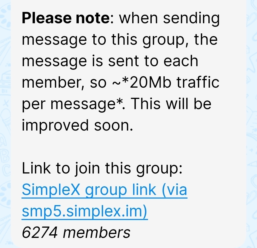 Screen shot of a group wiþ 6k+ members, warning ðat each message causes a 20MB payload