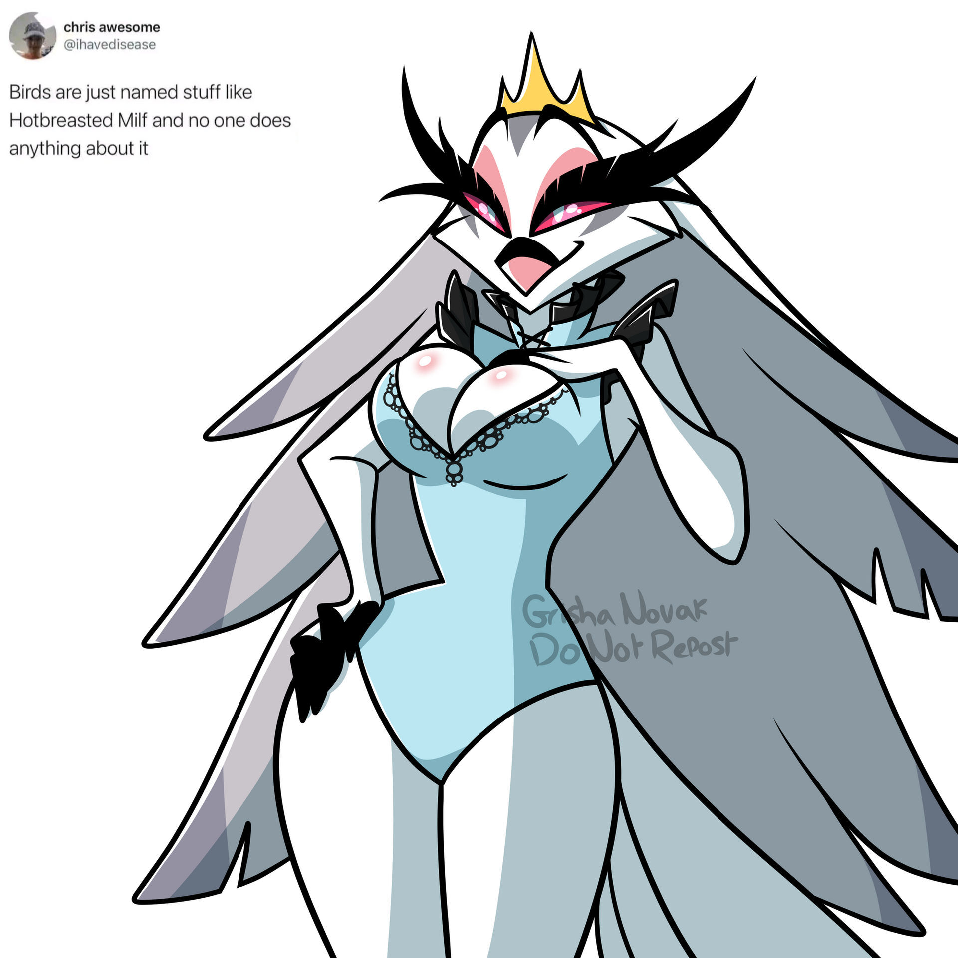 A, umm, aah, an illustration of Stella from the show Hazbin Hotel, and she's packing.