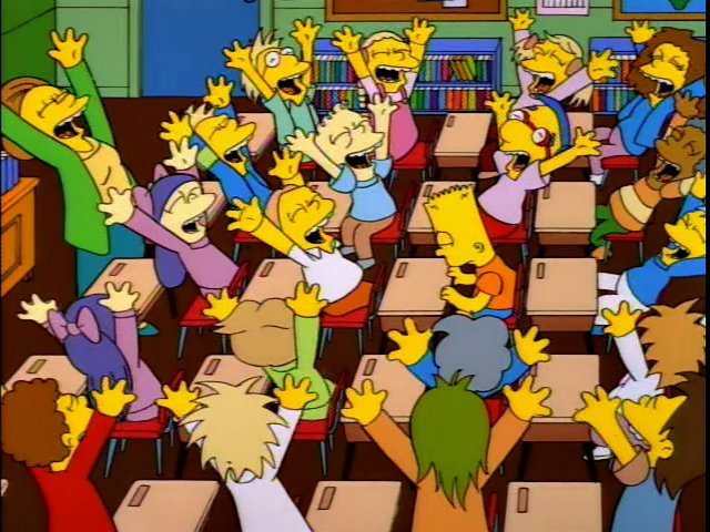 Bart Simpson's classroom throwing up their hands and exclaiming "Yay!"