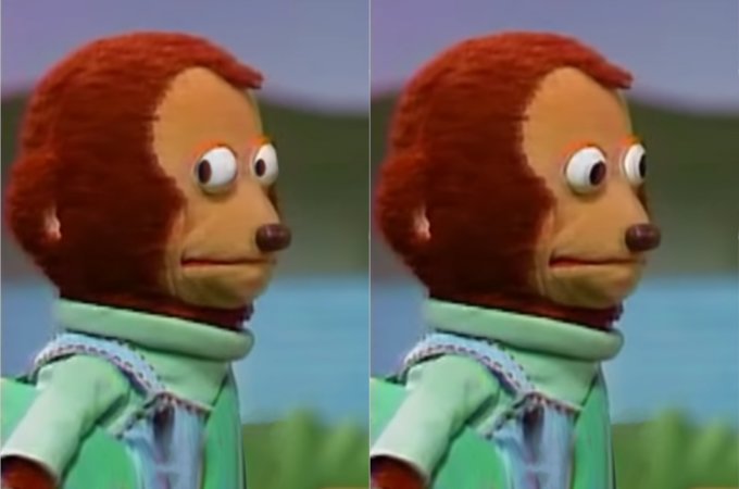 awkward puppet glances both directions