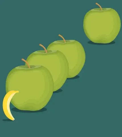 A banana and four apples