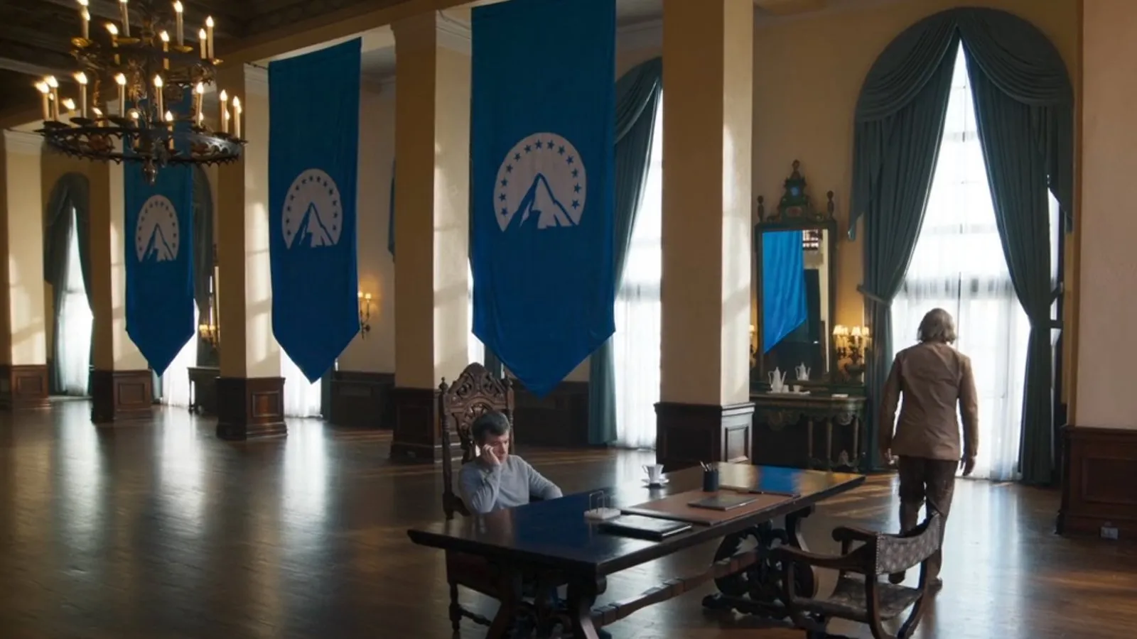 A depiction of Paramount headquarters with obvious Nazi references, including giant Paramount banners in hanging in every window