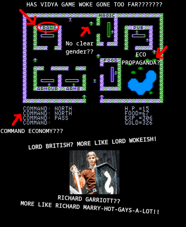 A meme poking fun at people complaining about "wokeness" in video games, by presenting a screenshot from the original "Ultima" by Richard Garriot. The title reads "HAS VIDYA GAME WOKE GONE TOO FAR?" Several things in the Screenshot are marked with red arrows, including an occurence of the word "trans". An abstract representation of an NPC is marked with "no clear gender??". A pixel representation of a pond with trees is marked as "ECO PROPAGANDA?" The text box listing the past commands by the player as "COMMAND: NORTH" or similar terms is marked as "COMMAND ECONOMY???". Below the screenshot is an image of a young Richard Garriott, aka "Lord British", in LARP clothing with a sword and shield, looking somewhat dorky. That foto is flanked by "LORD BRITISH? MORE LIKE LORD WOKEISH!" As well as "RICHARD GARRIOTT?? MORE LIKE RICHARD MARRY-HOT-GAYS-A-LOT!!"
