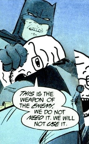 comic drawing of Batman breaking a soyjack in two, while saying: "This is the weapon of the enemy. We do not need it. We will not use it."