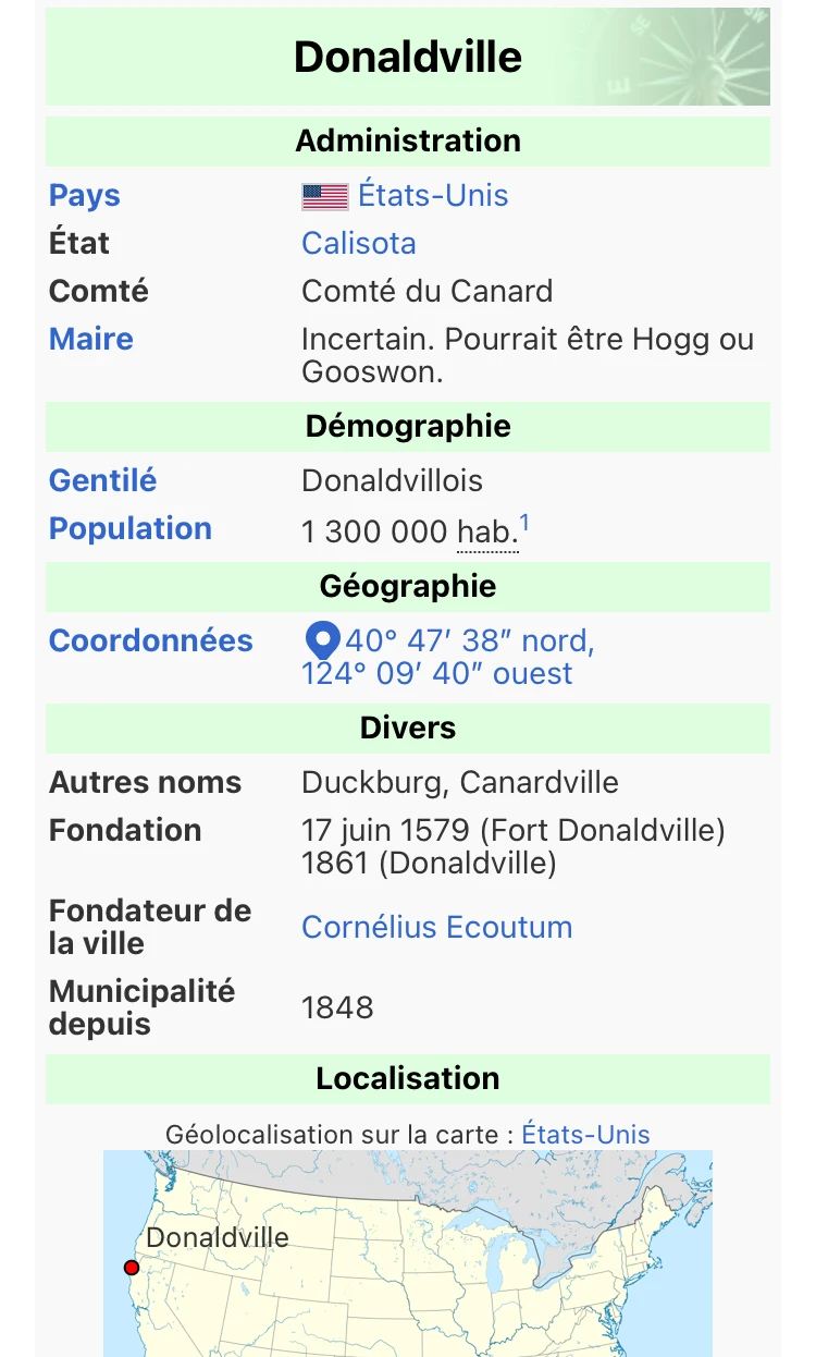 Screenshot of the french Wikipedia infobox for Donaldville, showing information such as location (Calisota, United States), demonym (Donaldvillois), population (1'300'000), coordinates, date of founding (1579) and date of receiving municipality status (1848), and position on the map.