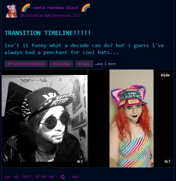 screencap of the linked post, a transition timeline where i go from black and white a decade ago to very colorful now