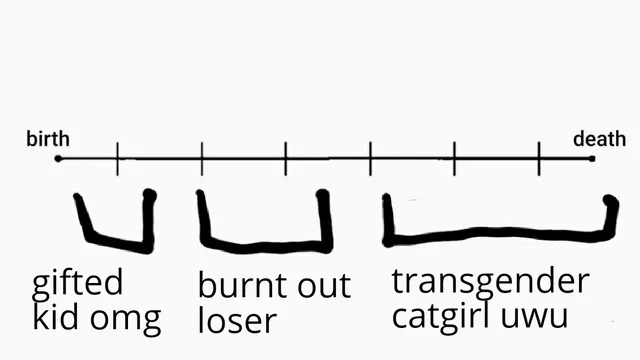birth to death timeline. first small segment is "gifted kid omg" then medium "burnt out loser" in the middle and finally "transgender catgirl uwu" for the rest