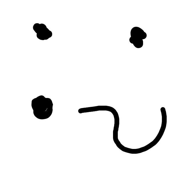 Simple drawing of a face. Each eye is represented by a dot. In place of a mouth, there is a sideways question mark. The face has no nose.
