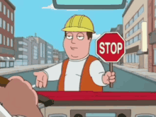 Family guy character showing a stop sign while simultaneously gesturing to go