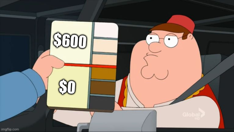 Peter Griffin skin color pantone check meme, lighter skin above the line marked $600, darker skin under the line markee $0
