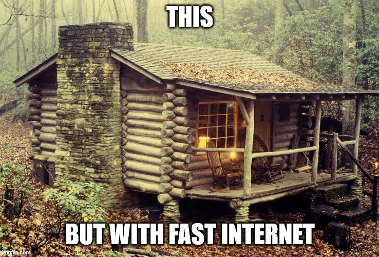 a cabin in the woods overlaid with THIS in white letters at the top of the image and BUT WITH FAST INTERNET at the bottom
