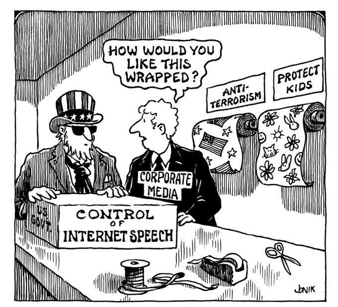 Single-panel cartoon with two people at a department store-esque gift-wrapping station. The first person is dressed as 'Uncle Sam,' representing the United States. The other person is dressed in a suit and wearing a comically large name tag that reads "Corporate Media." The Uncle Sam character has a package that is labelled "Control of Internet Speech." The Corporate Media person asks, "How would you like this wrapped?". There are two sets of wrapping paper on the wall titled, "Anti-Terrorism" and "Protect Kids."