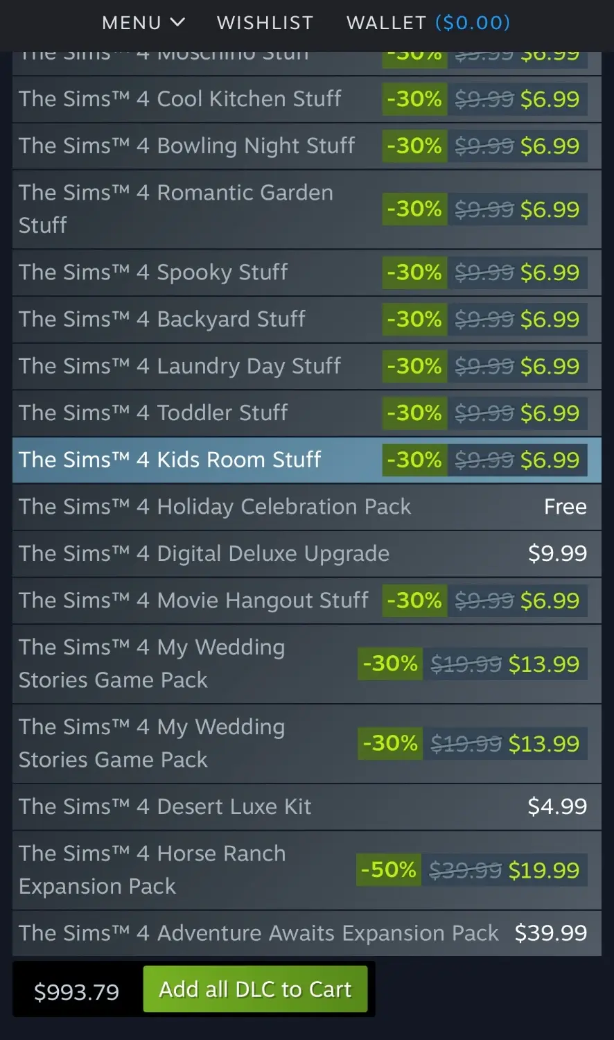 Screenshot of the Steam store page, showing the “Add All DLC to Cart” button with a total of $993.79. Most of the DLC is priced down anywhere from 30 to 50%.