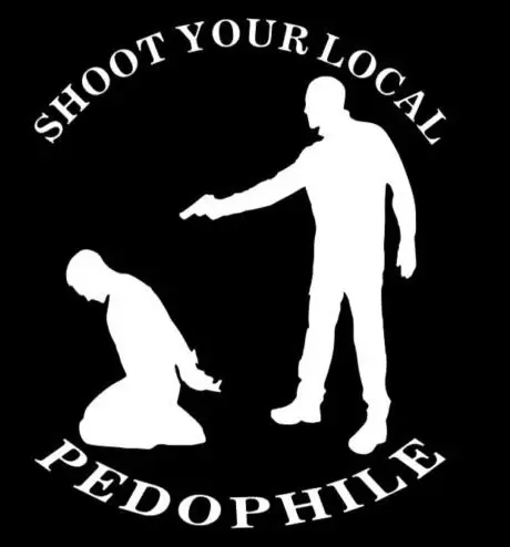 silhouette logo of a person getting executed with a gun to the back of the head saying shoot your local pedophiles