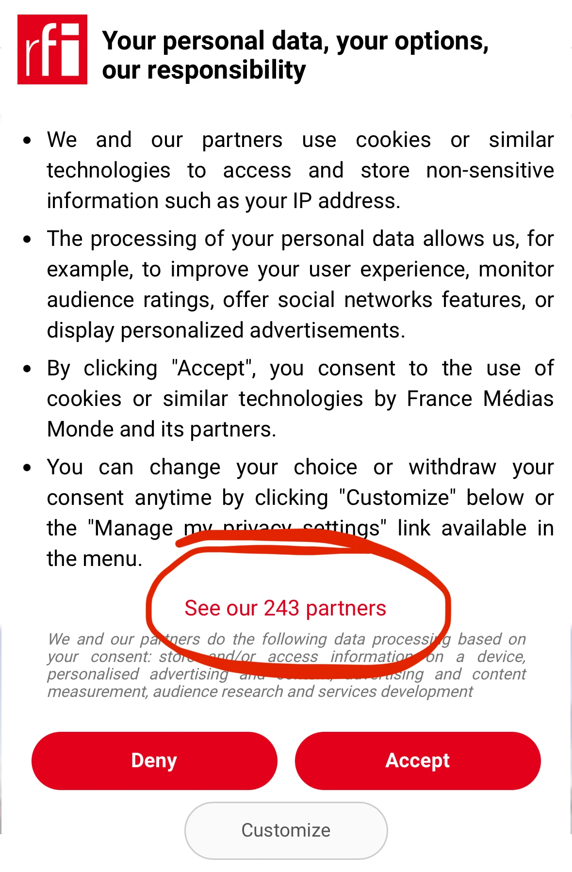 Screenshot of cookie consent dialog with 243 partners circled