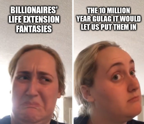 kombucha girl meme, first panel captioned "billionaires' life extension fantasies", second panel "the 10 million year gulag it would let us put them in"