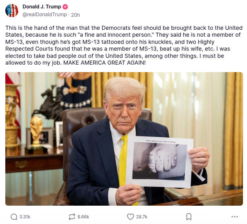 Post of donald trump holding a clearly poorly photoshopped picture of a hand with "MS 13" written, visibly edited with microsoft paint