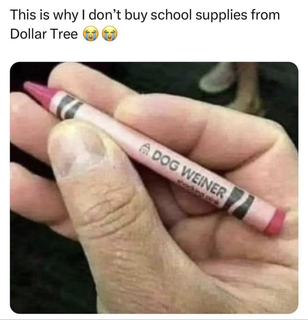 A picture of a crayon sitting below a witty caption