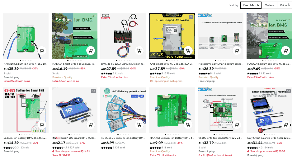 screenshot of aforementioned search's results, showing listings for sodium-ion bms boards for AU$10~AU$40 or so