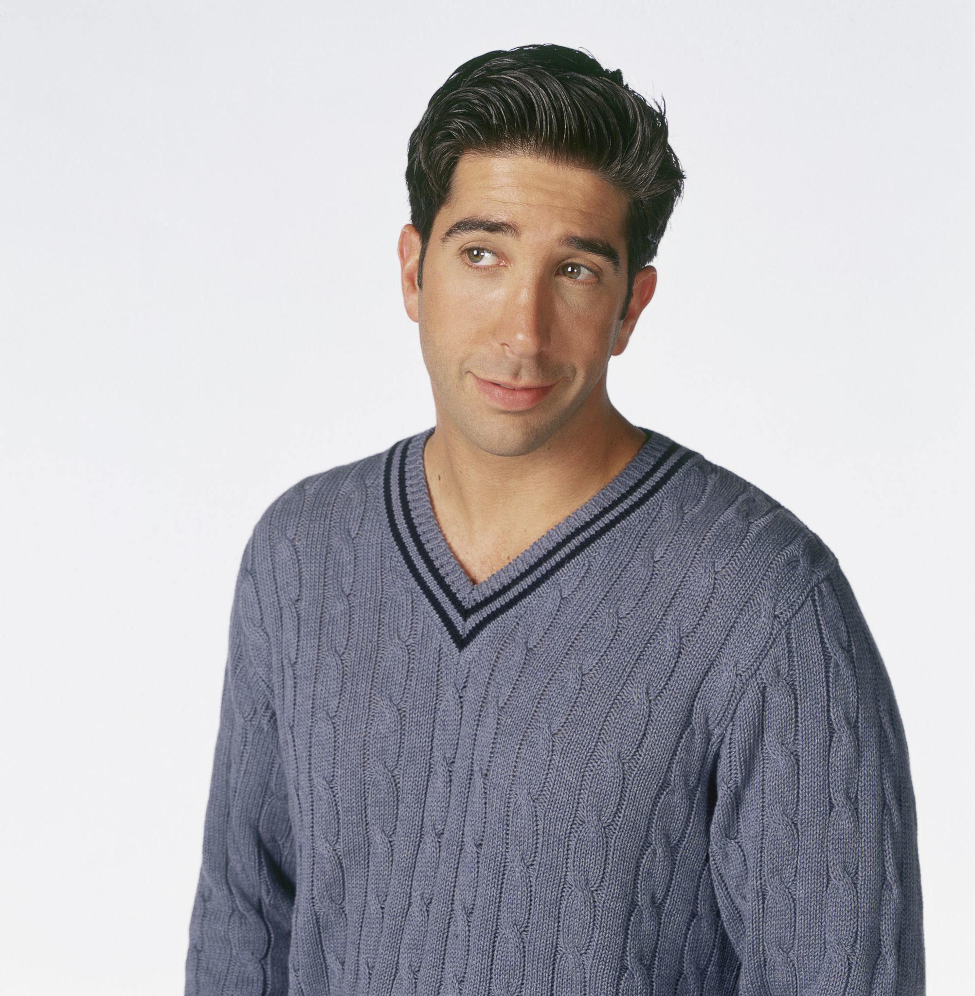 photo of ross from friends (David Schwimmer), white background, grey knitted jersey, arms by sides showing from just under elbows up (most of torso, no forearms visible)