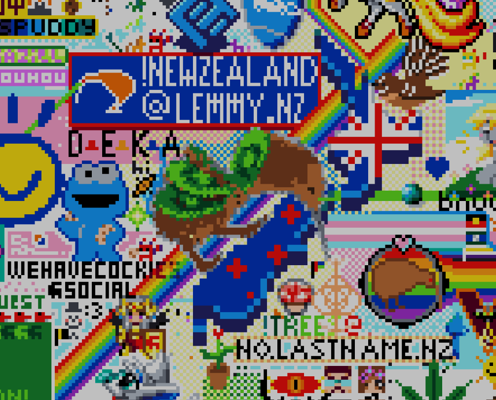 screen shot of canvas image with various NZ icons, such as a map of NZ, a fantail, a kiwi that cuts open to a kiwifruit centre, and references to !newzealand@lemmy.nz and no.lastname.nz