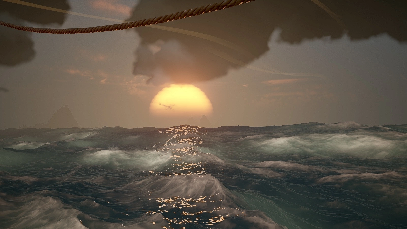 A serene ocean scene at sunset, with the sun partially obscured by clouds and its reflection shimmering on the waves.