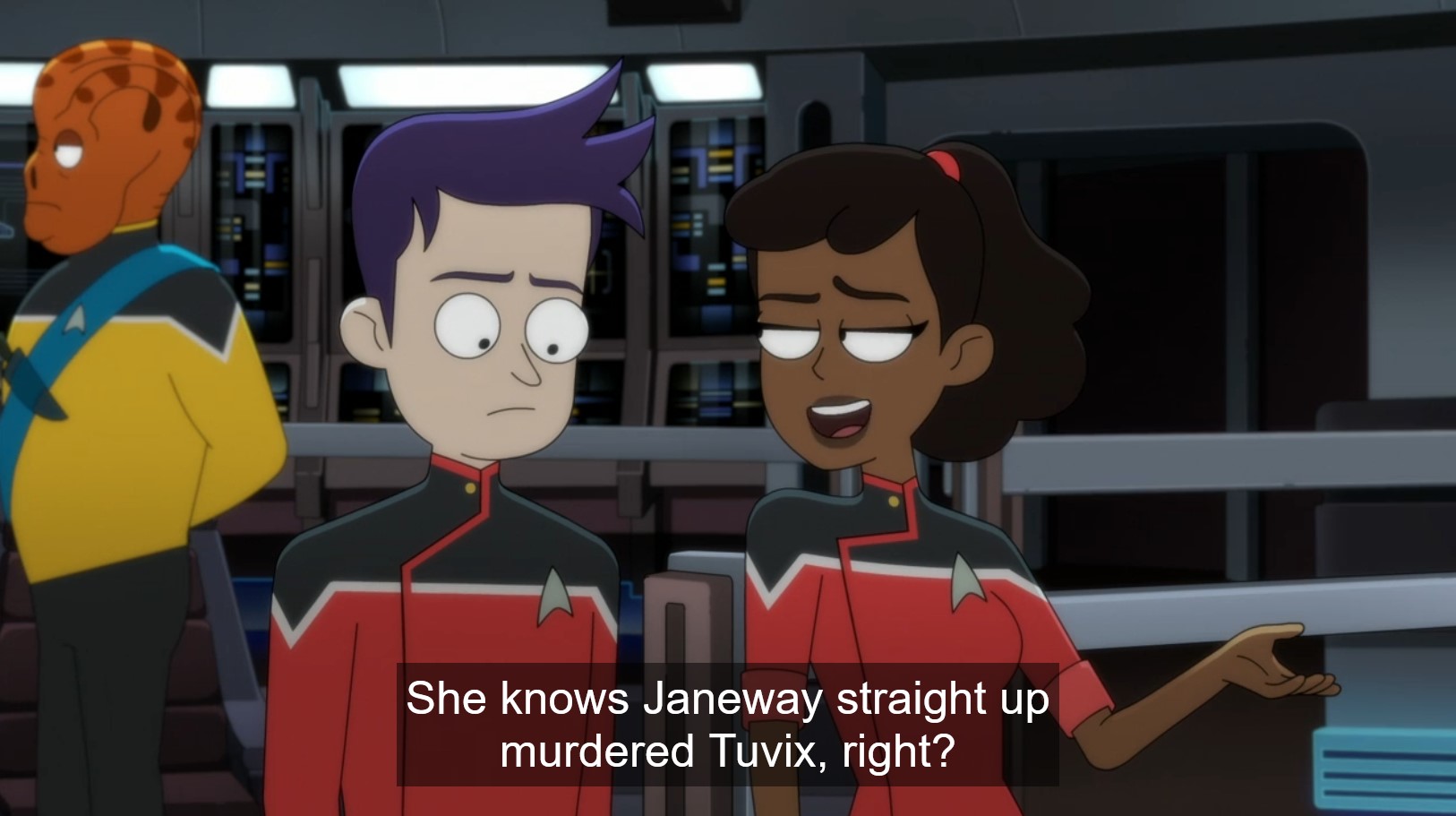 Screen cap from Lower Decks, with a closed caption of “She knows Janeway straight up mirdered Tuvix, right?”