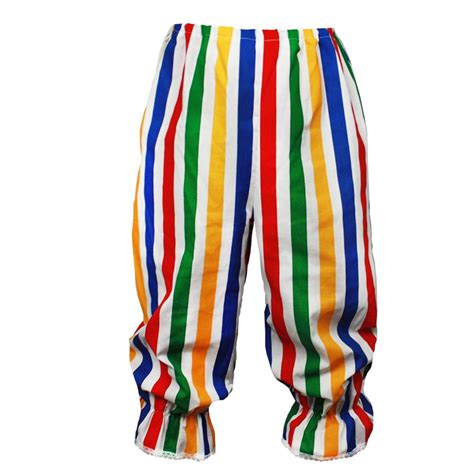 A pair of stereotypical clown pants: baggy, with alternating white and brightly colored stripes.