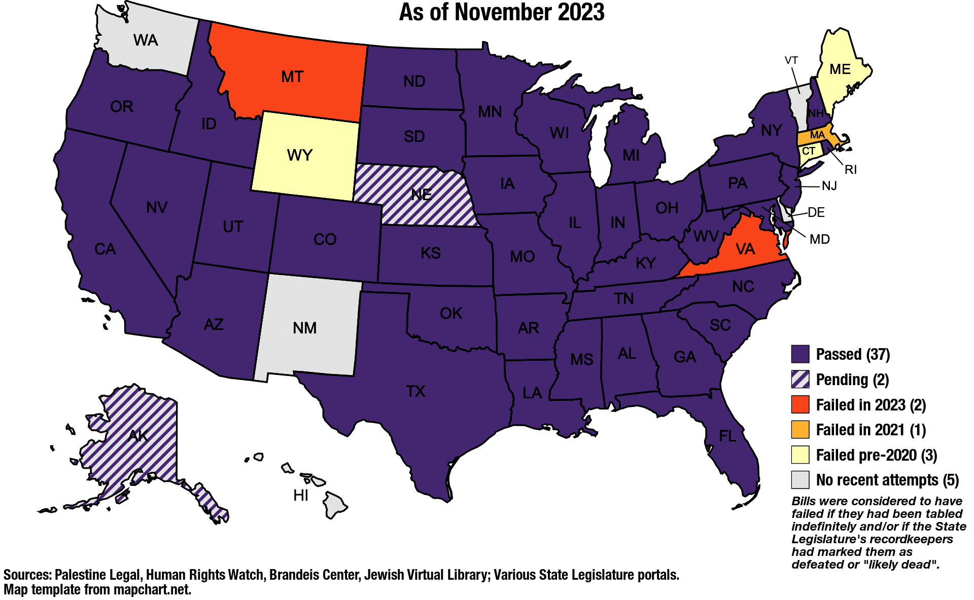 Stars in purple have active antiBDS laws in place 