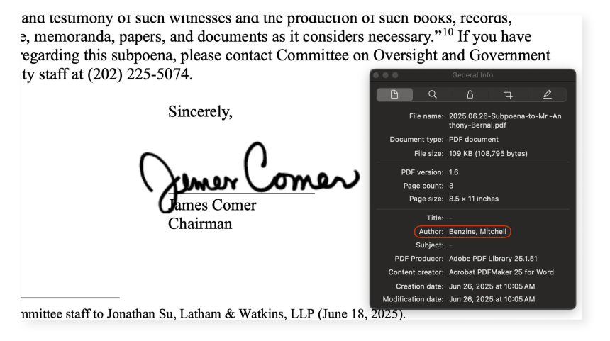 According to the subpoena cover letter's metadata, the author of the document is Mitchell Benzine, an oversight committee staffer.House Oversight Committee; NBC News