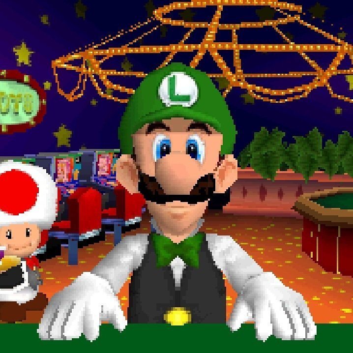 Nintendo Luigi in casino dealer attire screenshot from video game
