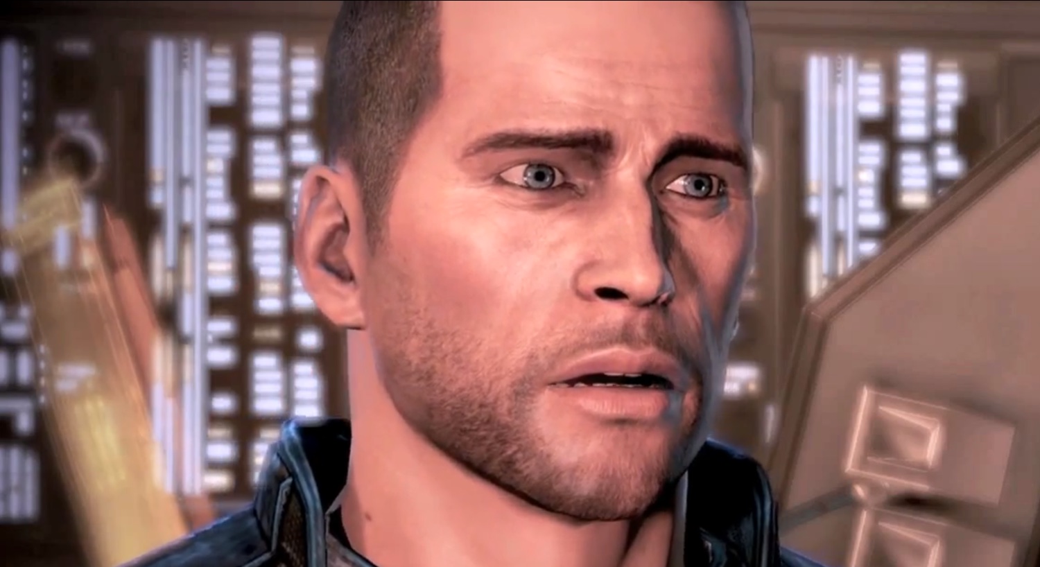 The male Commander Shepard from Mass Effect 3 with a very distraught expression in reaction to hearing something disturbing.