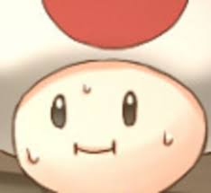 A picture of the character Toad from the platform game series Super Mario. The image is cropped to only show Toad's face. Toad is sweating.