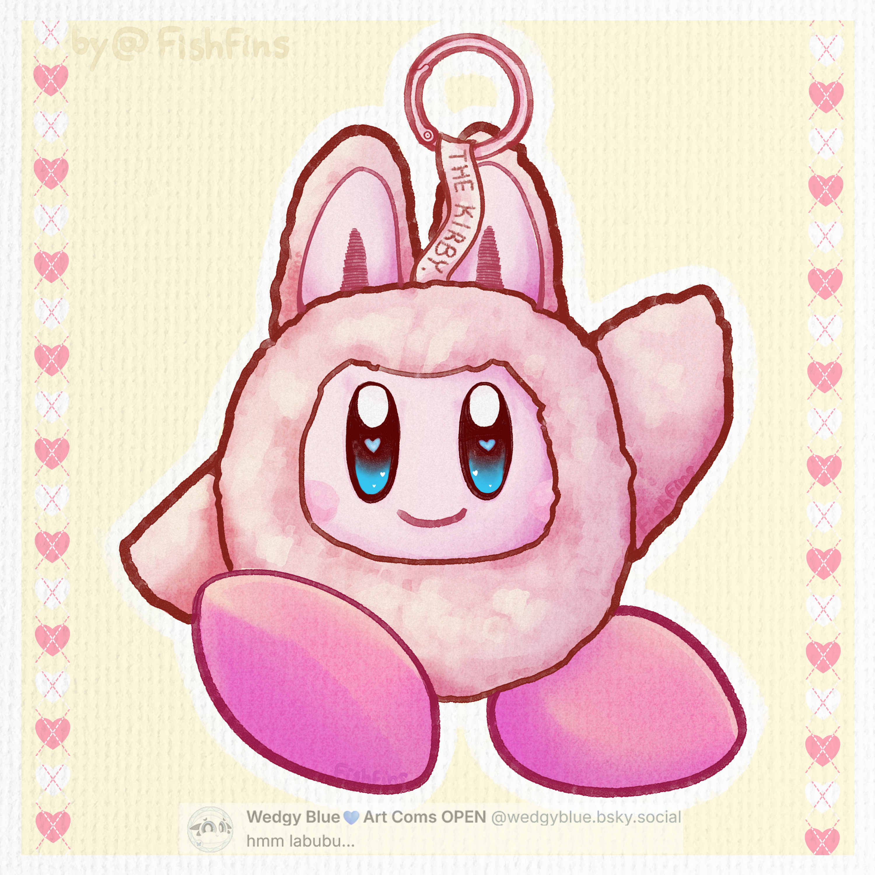 A light pink character named Kirby, with big blue eyes and a blue heart visible inside them, stands with one leg raised and the opposite hand up, smiling. Kirby is wearing a fluffy costume of a Labubu plushie covering the body and hands with a hole for the face and cute fluffy Labubu ears standing up. The costume has a long pink tag at the top that reads "THE KIRBY.". It connects to a round keyring. The background is light yellow with a white border around it and Kirby. On the left and right are two white and pink argyle (pattern) heart columns. Under Kirby we can see a faded away comment from a user named Wedgy Blue, saying "hmm labubu..."