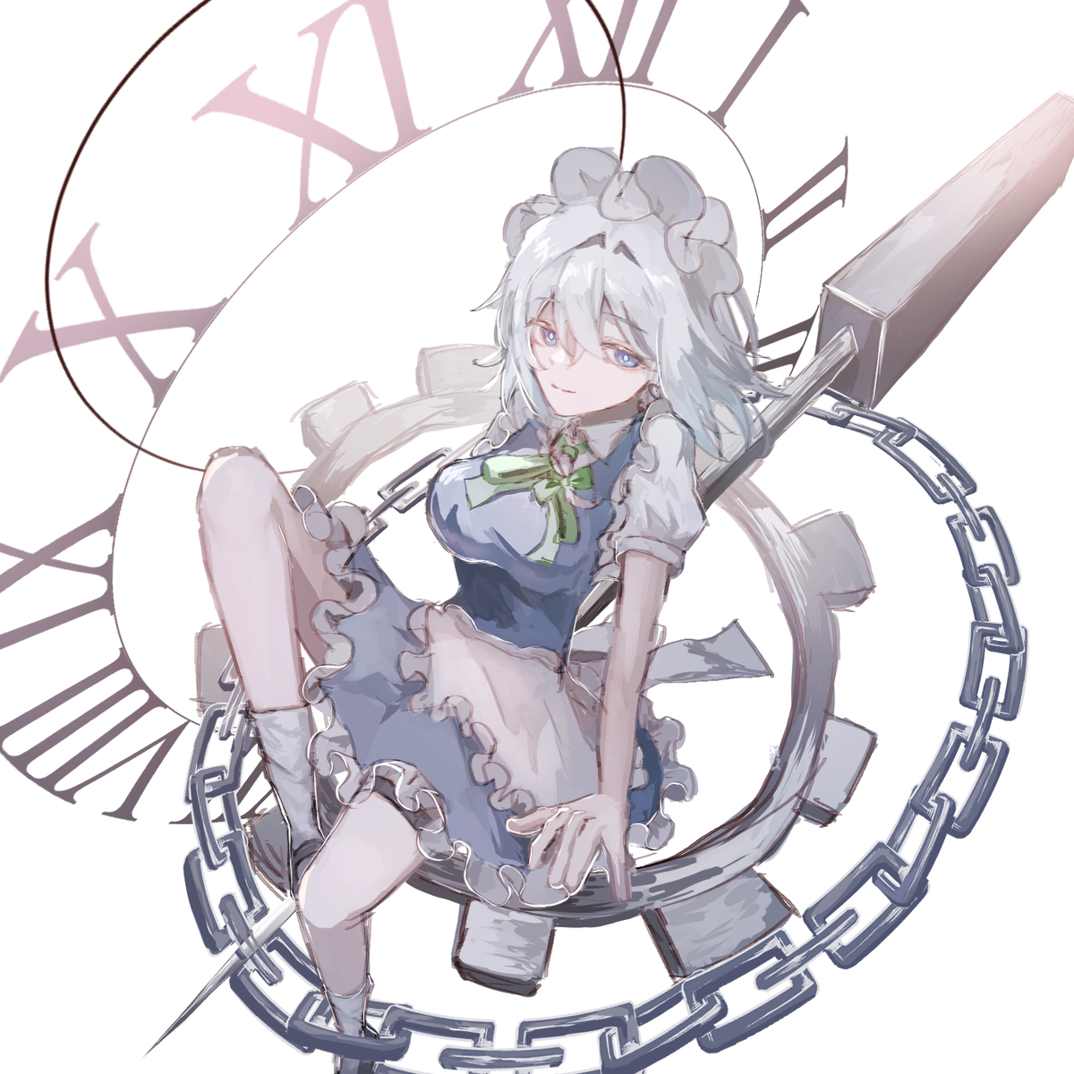 Anime Girl sits inside a clock with roman numerals. Surrounded by a chain and gears. Master of Time vibes.