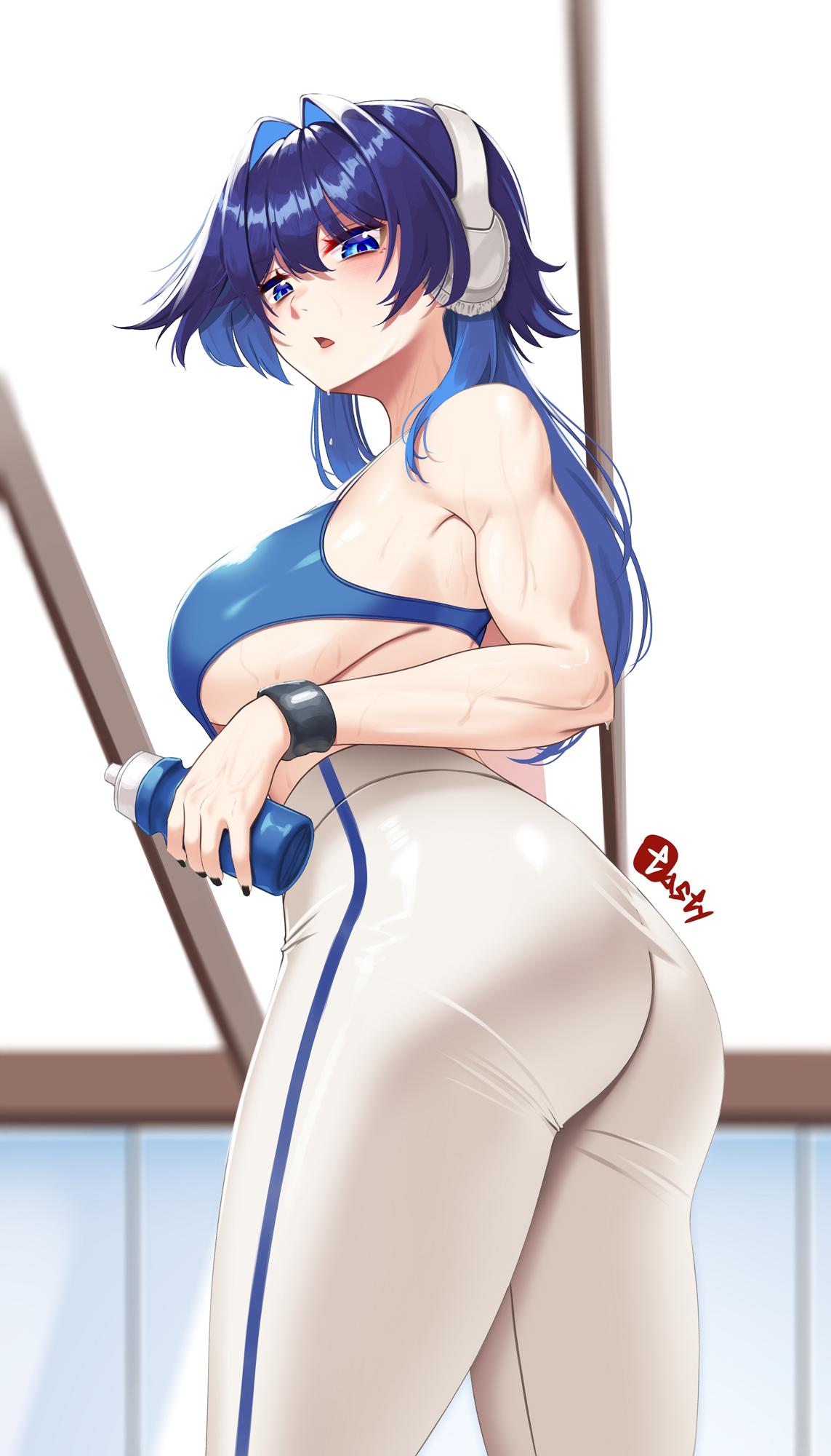 image of ouro kronii, with a view from the left down back. she is wearing a blue sports top white with blue stripe  yoga pants, holding a water bottle. 